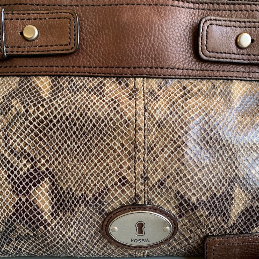 NWOT Fossil Snakeskin Brown Leather Satchel Purse - Picture 2 of 10